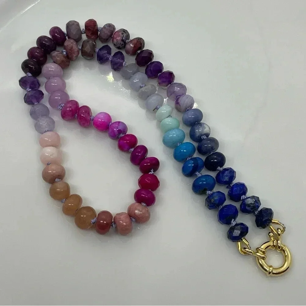 Rainbow hand knotted beaded gemstone necklace 18” blue pink purple 925 silver - Picture 7 of 7